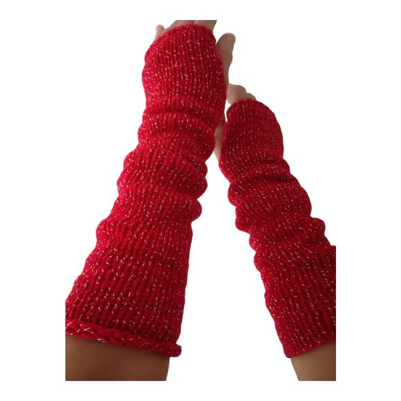 Red Silver Glitter Handmade Knitted Long Fingerless Gloves Valentines Gi… - Picture 10 of 11